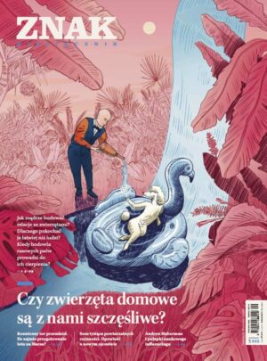 Kolorowa grafika przedstawiająca człowieka z szampanem, pudła na dmuchanym łabędziu z napisem "czy zwierzęta są z nami szczęśliwe"